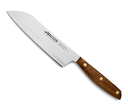 ARCOS Cuchillo Santoku 7 pulgadas Acero Inoxidable, Cuchillo cocina japonés para pescado, carne y verduras, Mango madera Ovengkol 100% natural FSC y Hoja 190 mm, Serie Nordika, Color marrón