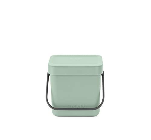 Brabantia - Cubo de Basura Sort & Go 3L - Pequeña Papelera de Reciclaje - Tapa en Posición Abierta - Encimera o Debajo de la Cocina - Bandeja para Restos de Comida - Jade Green - 19 x 14 x 18 cm