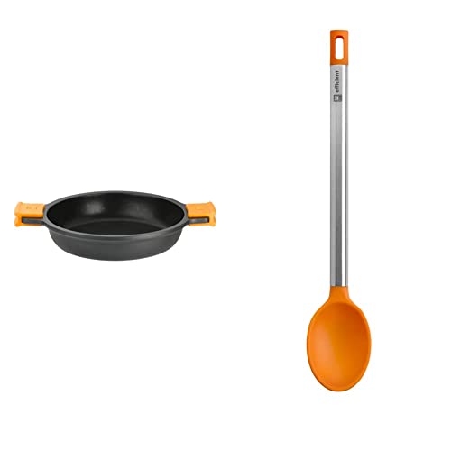 BRA Cacerola Baja, Aluminio, Negro, 45 cm & Efficient Cuchara de Cocina, Acero INOX, Nailon y Silicona, Naranja, 35 cm