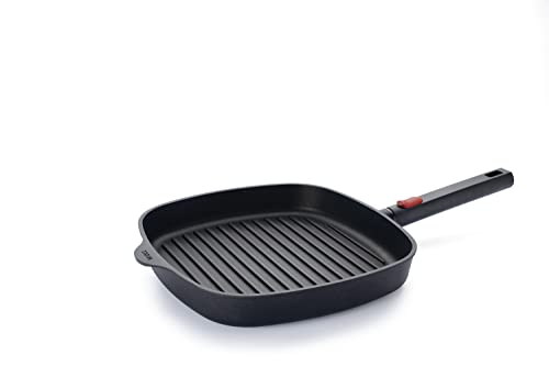Woll Diamond Logic XR - Sartén parrilla cuadrada con ranuras – inductiva, 28 x 28 cm, 4,5 cm de alto, con mango extraíble, apta para todo tipo de cocinas, aluminio, apta para horno, color negro