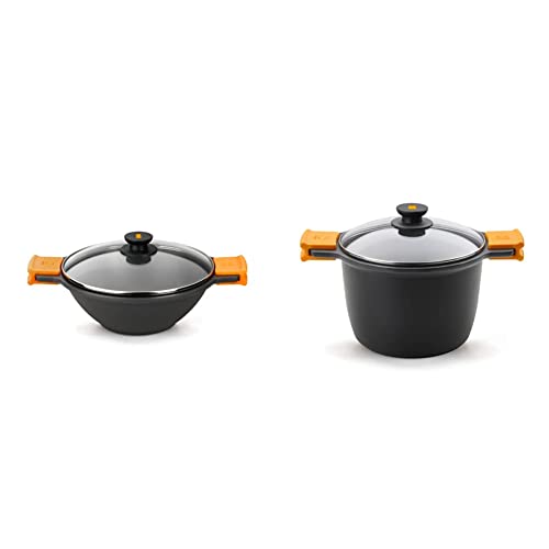 BRA Efficient - Sartén Wok/cacerola cóncava 28 cm, con tapa de cristal, asas de silicona & Efficient - Olla alta con tapa de cristal y asas de silicona, 6.8 litros, 24 cm, Color Negro