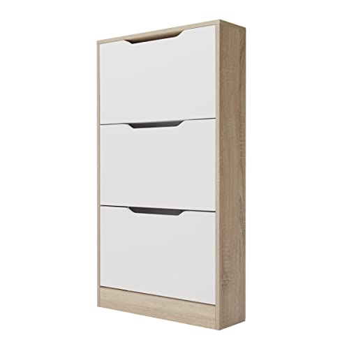 Duérmete Online - Mueble Zapatero con 3 Puertas, Estrecho, Modelo Ayen, Acabado en Color Cambria y Blanco, Medidas: 107 cm (Alto) x 60 cm (Ancho) x 17,3 cm (Fondo) Práctico y Funcional