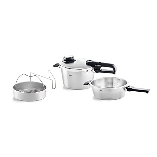 Vitavit Premium, Juego de ollas a presión, 4 piezas, olla a presión de 4,5 L y de 2,5 L, ambas con un diámetro de 22 cm, incluye tapa de metal, accesorio de cocción al vapor, inducción