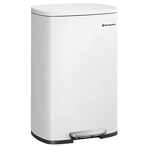 SONGMICS Cubo de Basura con Pedal, Cubo de Basura 50L, con Cubo Interior de Plástico, Tapa con Bisagra, Cierre Suave, a Prueba de Olores e Higiénico, Blanco LTB101W01