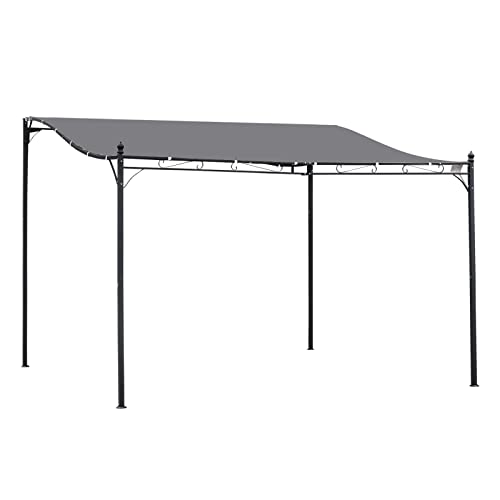 Outsunny Pérgola de Jardín 4x3 m Cenador Montado en Pared con Toldo y 4 Orificios de Drenaje Marco de Metal y Poliéster 180 g/m² para Patio Terraza Gris