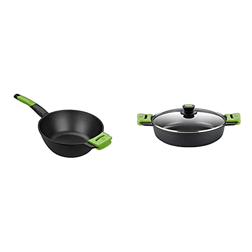 BRA PRIOR Wok con mango, aluminio fundido con antiadherente Prior- Cacerola Baja con Tapa de Cristal y Asas de Silicona, Apta para Todo Tipo de Cocinas Incluida Inducción y Horno, 28 cm