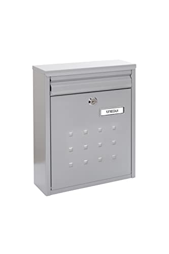 Arregui Buzón Exterior de Acero, Buzón de Correo Individual, Buzón de Pared Mediano, Agrupable, Fondo Estrecho, Fácil de Instalar, Plata, Tamaño M (DIN A4) - 32 x 25 x 8cm