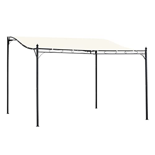 Outsunny Pérgola de Jardín 4x3 m Cenador Montado en Pared con Toldo y 4 Orificios de Drenaje Marco de Metal y Poliéster 180 g/m² para Patio Terraza Crema