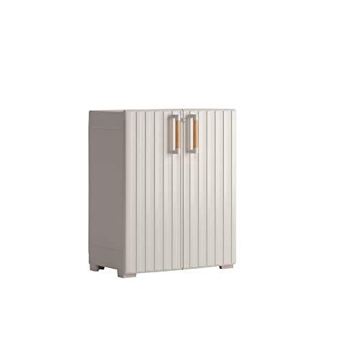 Keter Groove - Armario bajo para Exterior, Puertas Efecto Madera, Color Beige y Arena, 80 x 45 x 98 cm
