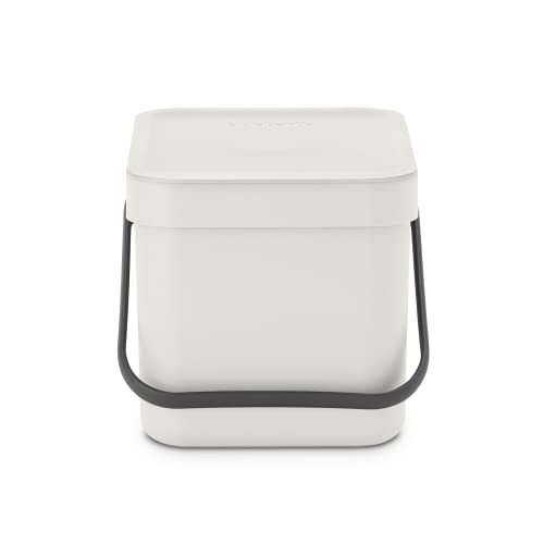 Brabantia - Cubo de Basura Sort & Go 6L - Pequeña Papelera de Reciclaje - Tapa en Posición Abierta - Encimera o Debajo de la Cocina - Bandeja para Restos de Comida - Light Grey - 20 x 25 x 18 cm