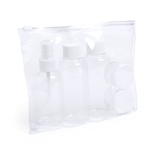 TIENDA EURASIA - Set Neceser de Viaje de 5 Accesorios, Elegante, Práctico, Transparente, con Tapones a Rosca, Tamaño 20 x 18 x 4 cm, Fabricados con PVC y PP