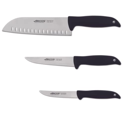 Arcos Serie Menorca, Set de 3 Cuchillos Cocina, Cuchillo Santoku, Cuchillo Mondador, Cuchillo Cocina, Acero Inoxidable NITRUM, Envase Eco, Fabricado en España, Color Negro (810300)