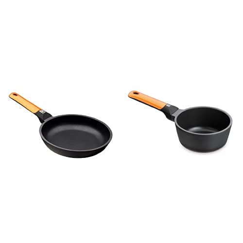 BRA Efficient Orange Sartén De 20 Cm, Aluminio Fundido Con Antiadherente Platinum Plus,Plana, Apta Para Inducción + Cazo 16Cm Efficient Orange, Aluminio Fundido, Naranja, 16 Cm