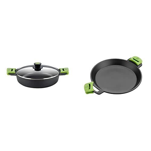 Bra A400536 Prior Cacerola baja con tapa de cristal y asas de silicona, apta para todo tipo de cocinas incluida inducción y horno, 36 cm, 7,1 litros + A401636 Paellera, Negro, 36 cm