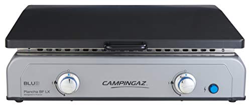 CAMPINGAZ Blue Flame LX - Barbacoa de Gas con Placa esmaltada y 2 quemadores de Acero, Parrilla de Mesa con tecnología BlueFlame para Parrilla mediterránea a la Plancha, Gris