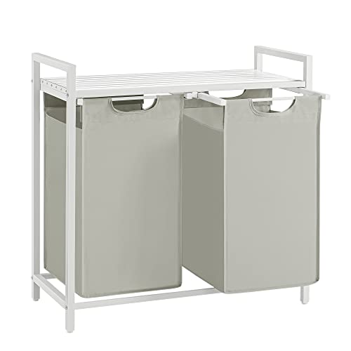 VASAGLE Cesto para Ropa Sucia, Cesta Colada, 2 Bolsas Colada de Tela Oxford Extraíble y Desmontable, Estante, Marco Metálico, 2 x 46 L, 73 x 33 x 72 cm, Blanco BLH201W01