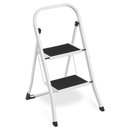 SONGMICS Escalera de Tijera, Escalera con 2 Peldaños, Peldaño Plegable, Bloqueo de Seguridad, Fácil de Guardar, Carga hasta 150 kg, Blanco GSL12WT
