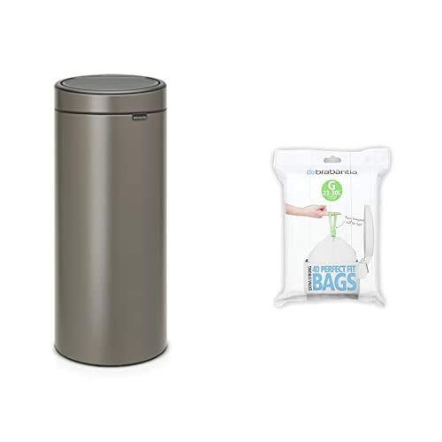 Brabantia Touch Bin Cubo De Basura, 30 Litros, Acero Inoxidable, Platinum, 32 X 29.5 X 72 Cm + 375668 Expendedor Bolsas De Basura, Blanco, 23-30 L