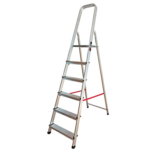 BTF Escalera de Aluminio de Tijera Plegable 6 peldaños | Resistente, Ligera y Antideslizante. con Gancho Soporte de Pared, Ideal para el Uso doméstico. BTF-TJL106