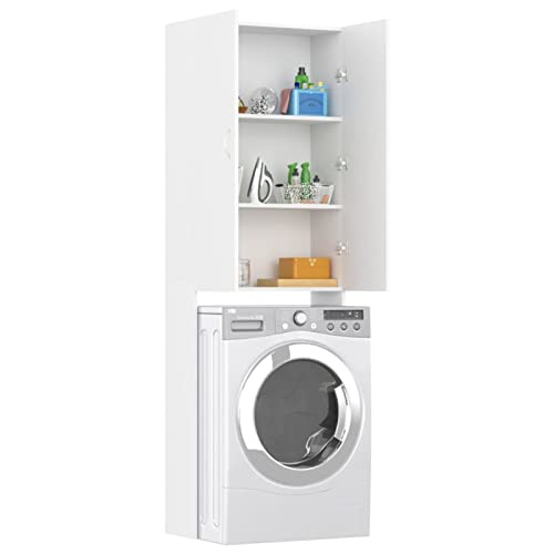 Hogotin Armario Alto de Lavadora 64 x 25,5 x 190 cm Estante con 2 Puertas Mueble de Baño Blanco sobre Secadora Espacio para WC 3 Compartimentos Abiertos Columna Auxiliar Lavandería