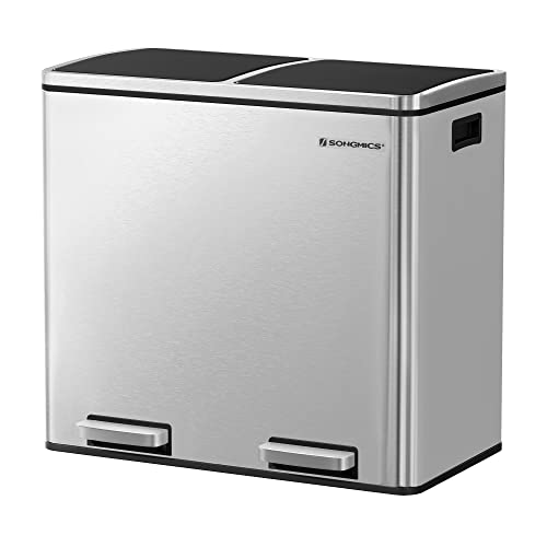 SONGMICS Cubo de basura, sistema de separación de residuos con 2 compartimentos, cubo de basura para cocina, 2 x 24 L, cierre suave, con pedales y asas, color plateado LTB48NL