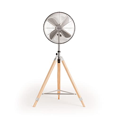CREATE / AIR TRIPOD RETRO/Ventilador de pie oscilante Cromado con 4 Aspas/Silencioso, 3 Niveles de Ventilación, Regulable y ajustable 126-135cm, 80W / Trípode Plegable de Madera