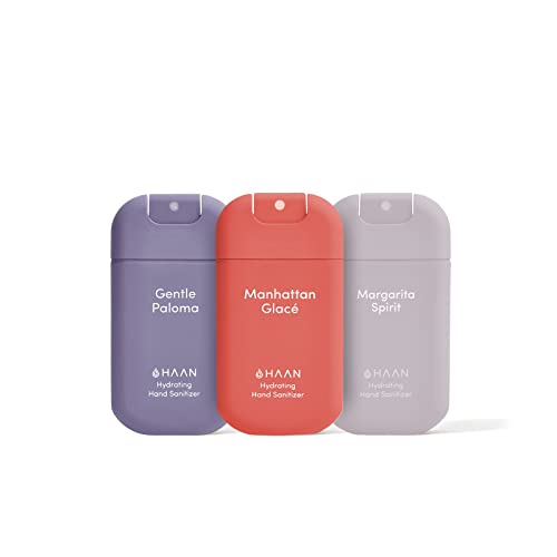 HAAN - Pack de 3 Gel Hidroalcohólico - Desinfectante de Manos Hidratante en Spray 30ml con Aloe Vera - Aromas Paloma, Manhattan, Margarita