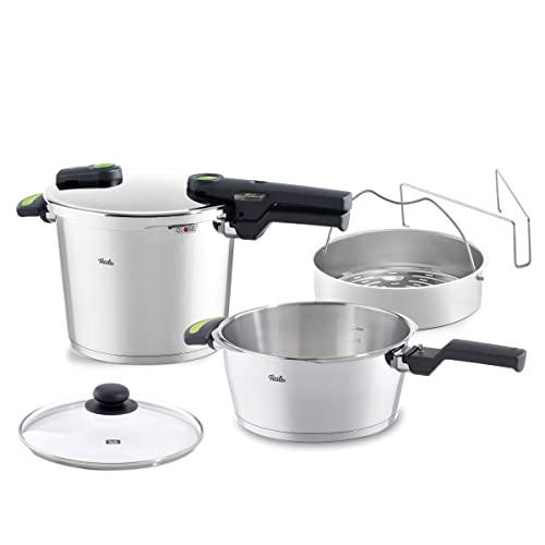 Fissler Vitaquick Green Juego de ollas a presión, 5 piezas, olla a presión de 6 L y de 3,5 L, ambas con un diámetro de 22 cm, incluye tapa de metal, tapa de vidrio, accesorio de cocción al vapor