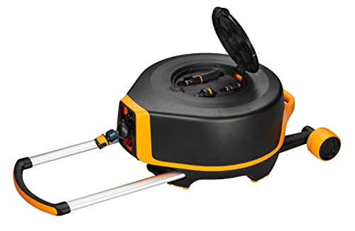 Fiskars Carro portamangueras XL con ruedas, Set de riego todo incluido, Alcance 27m, Enrollado automático, Manguera tamaño universal (diám. 13 mm), Conector grifo universal, Negro/Naranja, 1025933