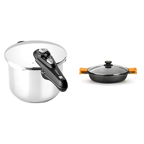 BRA 185104 Olla, Acero Inoxidable, Plata, 24 cm + Efficient Cacerola baja con tapa de cristal y asas de silicona, 28 cm,con antiadherente Teflon Platinum Plus,apta para inducción.Libre de PFOA.
