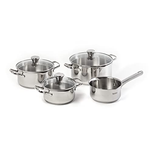 Tefal Duetto - Juego de 4 Ollas cocina: 1 Cazo cocina 16cm, 3 Cacerolas 16/20 cm, 1 Olla 24 cm de acero inoxidable, 3 tapas cristal, marcas medición, todo tipo cocinas, apto horno y lavavajillas