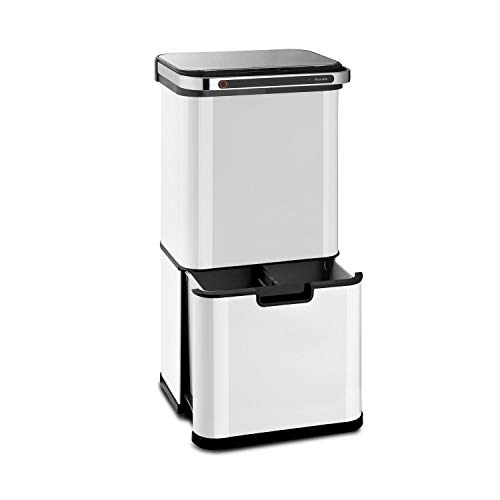 KLARSTEIN Touchless Ultraclean - Cubo de basura con sensor, Volúmen de 60 litros, 3 contenedores, Esterilización por ozono, Elimina 90% de las bacterias, Filtro de olores integrado, Blanco