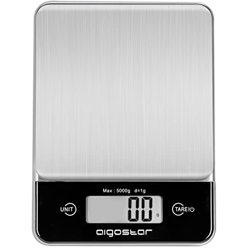 Aigostar Brooke - Báscula de Cocina Digital de Acero Inoxidable, Balanza Cocina de Alta Precisión 5 kg/ 11 lbs, Peso Cocina con Pantalla LCD, Apagado Automatico, Facil de Guardar y Limpiar