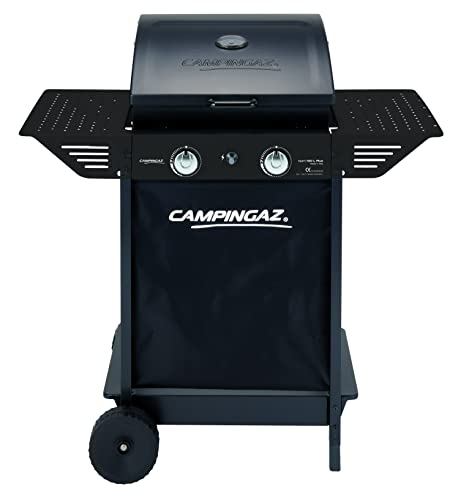 Campingaz Xpert 100 LS Plus Rocky BBQ de gas de piedra volcánica, carro de barbacoa con 2 quemadores y 1 estufa lateral, tapa + termómetro, estante lat. abatible, pot. 7,1 kW + 2,1 kW olla lat.