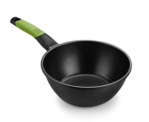 BRA Prior - Wok con mango, Aluminio Fundido con Antiadherente Teflon Classic, Negro, Diámetro superior 24 cm, Diámetro base 13.2 cm