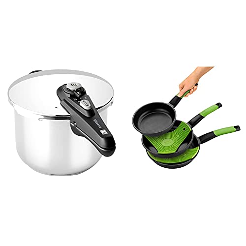 BRA RÁPIDA Vitesse Olla de 6 litros apta para todo tipo de cocinas incluida inducción + Bra Prior Set de 3 Sartenes, Aluminio Fundido Antiadherente, Incluye dos Salvamanteles Safe Verdes