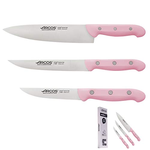 Arcos Juego Cuchillos Cocina Rosa | 3 pz | Cuchillo Chef | Cuchillo Verduras | Cuchillo de pelar | Set Cuchillos Cocina Rosa | Cuchillos Arcos Rosa | Edición Limitada | Solidaria