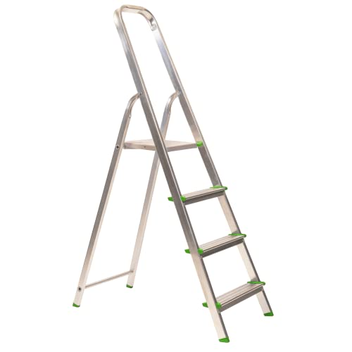 Keroppa, Escalera de Tijera Plegable, Marca Española. Escalera de Aluminio, 4 peldaños, con Gancho de Pared, Multiusos, Antideslizante, Ligera y Resistente, Escalera Doméstica, Fácil Transporte
