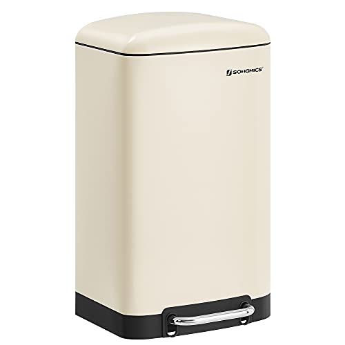 SONGMICS Cubo de basura, Cubo de reciclaje de 30L, Cubo de pedal de acero, con cubo interior y tapa, Cierre suave, Hermético, para cocina, sala de estar, Blanco Nube LTB001A01