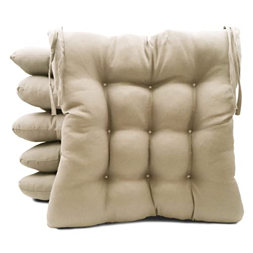 MEISHIDA Pack de 6 Cojines para Sillas de Exterior e Interior Reversibles 40 x 40 x 7 cm, con Correas de Sujeción (Beige)