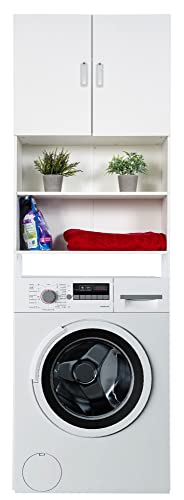 CLP Estantería De Madera Gardiner para La Lavadora I Mueble Auxiliar con Estantes & Puertas para Cuarto De Baño, Color:Blanco
