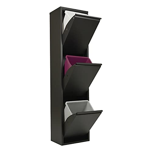 Contenedor de reciclaje | EcoPatty | Separación de residuos | Gabinete de metal | Ahorro de espacio | Interior, exterior | 3 compartimentos | 3 cubos | 45 litros | Ya montado | Negro