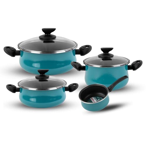 Magefesa Country - Batería de cocina 7 piezas, acero vitrificado exterior verde agua. Antiadherente bicapa, apta para todo tipo de cocinas, especial inducción. 50% de ahorro energético