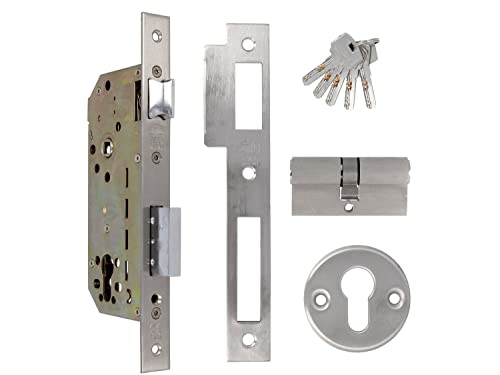 amig, Cerradura de Embutir Mod.340 con Cilindro de Seguridad y Bocallave y 5 Llaves, Para Puertas de Madera de Entrada, Picaporte Reversible, De Acero Inoxidable, Para Manillas de 8 mm