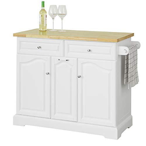 SoBuy FKW100-WN Carrito de Cocina con Cajones y Puertas Madera de Caucho con Tablero Aparador con Ruedas 115 * 46 * 90 cm ES
