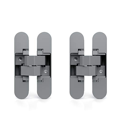 Emuca - Bisagra oculta para puertas de paso, lote 2 bisagras invisibles puertas pesadas, carga 80 Kg, apertura 180º, zamak, gris metalizado.