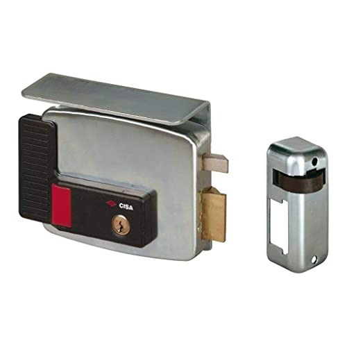 CISA 111731501 - Cerradura eléctrica para aplicar, entrada de 50 mm, cierre manual de mando, techo protector, bajo el cuello, botón, retenedor de día, mano derecha Gris