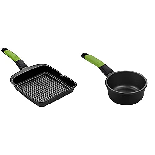 BRA Prior Grill Asador Con Rayas, Aluminio Fundido Con Antiadherente Teflon Classic, 22 Cc + Prior Cazo, 16 Cm, Aluminio Fundido Con Antiadherente Teflon Classic