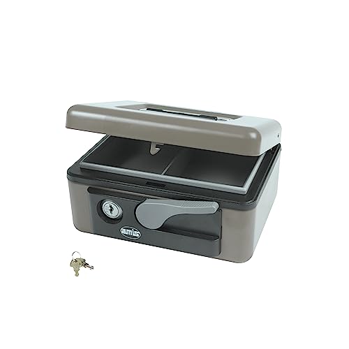 Amig - Caja de caudales | Caja de seguridad para dinero, billetes y monedas | Con bandeja portamonedas | Apertura con Manilla Automática y Llave | Color Gris | Acero | 165 x 125 x 80 mm