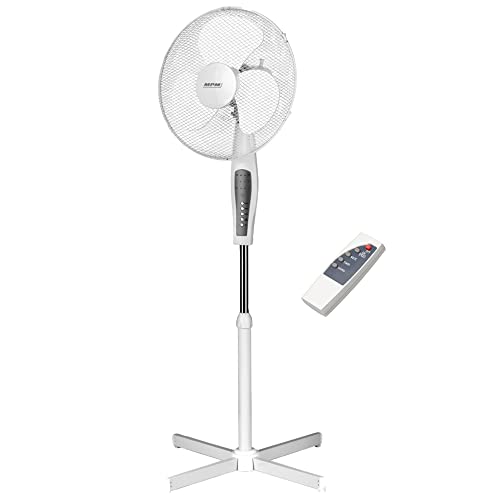 MPM MWP-19 Ventilador de pie oscilante, 42 cm, Altura Ajustable, Temporizador 7,5 Horas, 3 velocidades, Mando a Distancia, Blanco, 50W